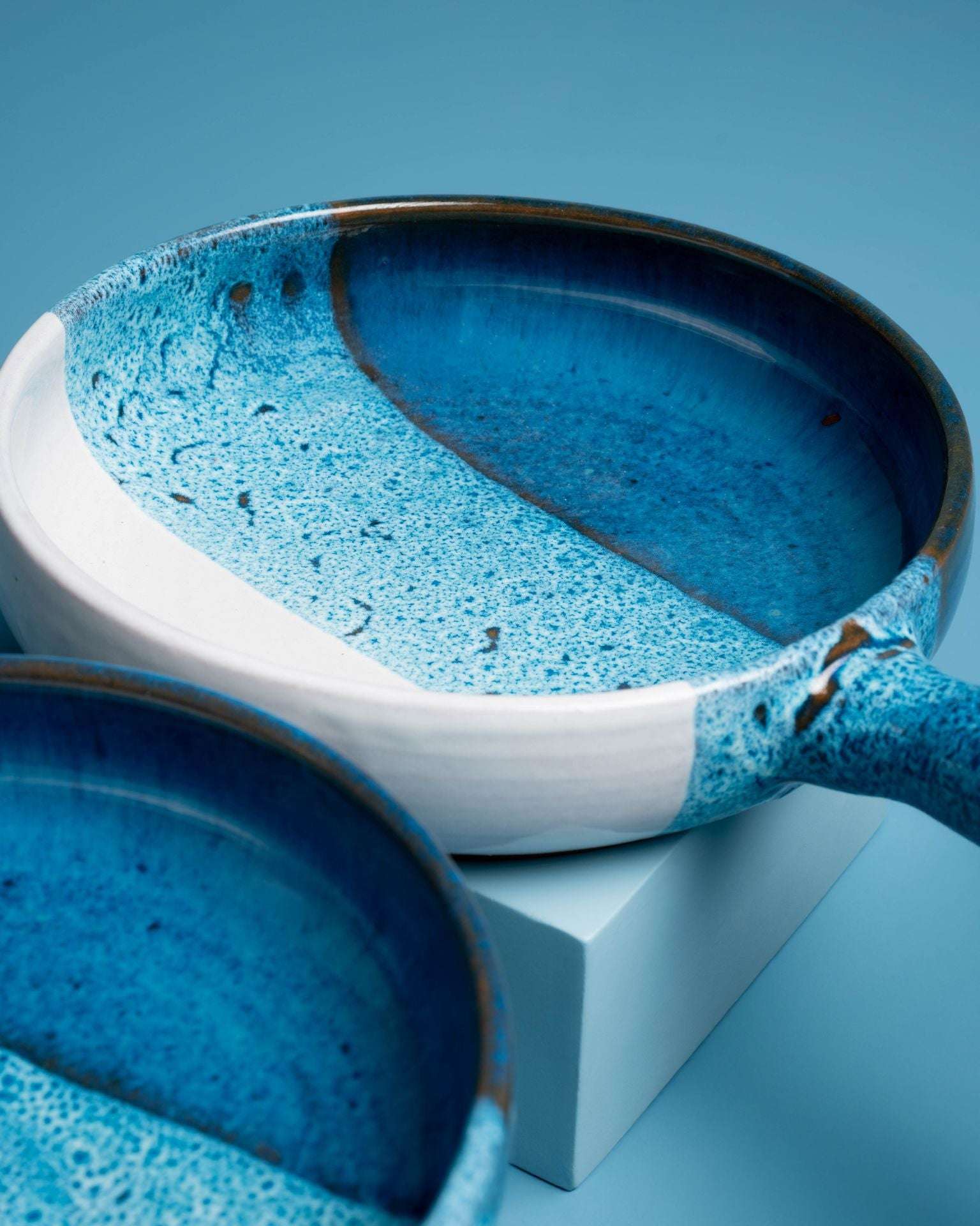 Glazed Blue Pottery  3 Pcs Pans Set
