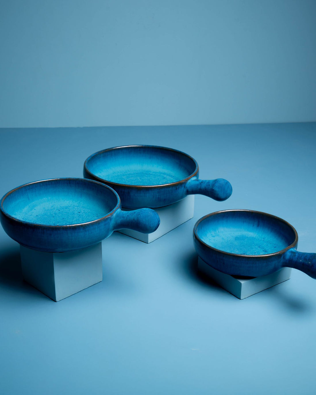 Glazed Blue Pottery  3 Pcs Pans Set