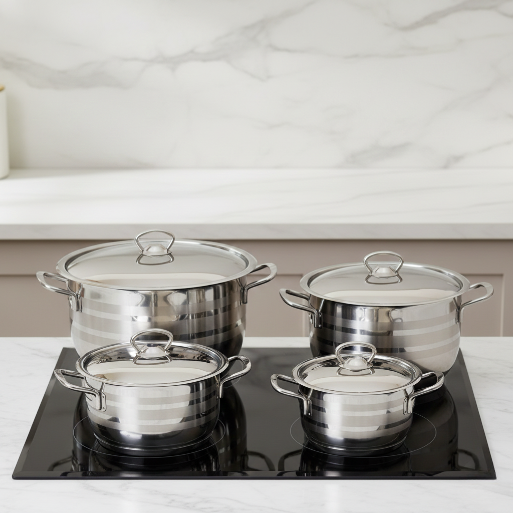 8-piece striped stainless steel cookware set