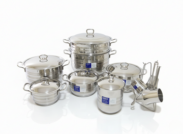 طقم أواني طهي مخطط مكون من 17 قطعة، من الفولاذ المقاوم للصدأ المتنوع